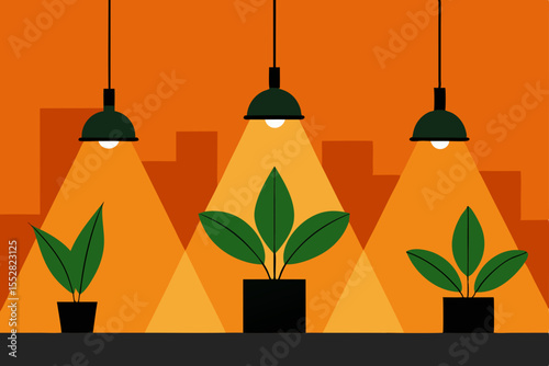 A festive vector illustration featuring a house and trees silhouetted against a backdrop of bright, hanging Christmas lightbulb decorations