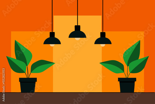 Wall and garden lamps illuminate a home's interior and a vibrant nature scene of plants, trees, and flowers