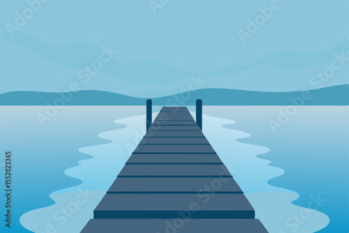 Serene Lakeside Dock Tranquil Waters and Misty Mountains