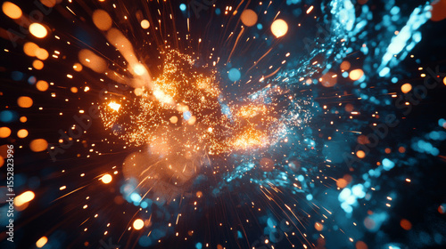 Dynamic colorful light particles explode on dark background. Abstract glowing orange and blue sparks create vibrant energy.