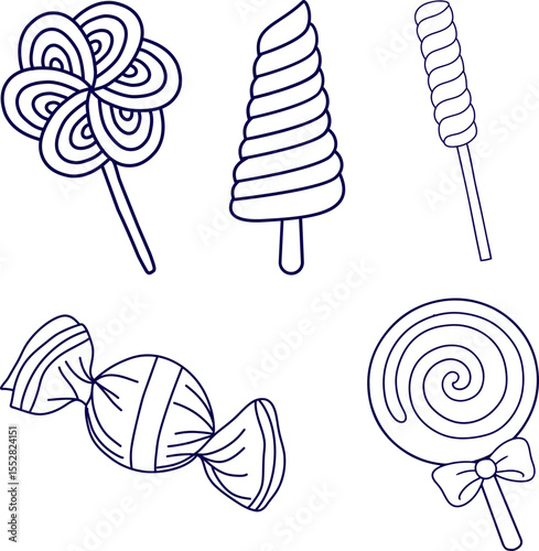 Icon set of lollipops. Set of candy's. Vector of toffee. Candy and sweets set. Candies cane spiral lollipops, swirl lollipop jelly, halloween trick or treat desserts. Vector cartoon set