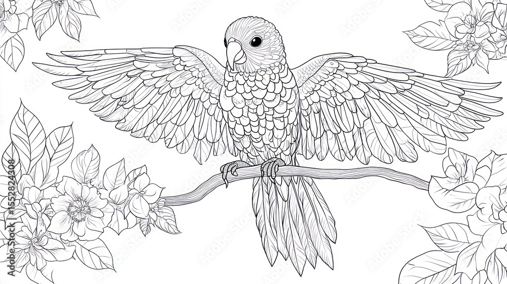 Fototapeta premium Parrot on Branch, Floral Background