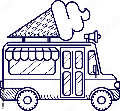 Ice cream car. Ice cream food truck, isolated vector van, cartoon car for street food icecream desserts selling. Automobile cafe or restaurant on wheels with ice cream assortment