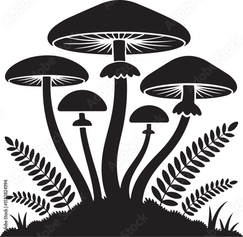 Monochrome Mushroom and Fern Silhouettes