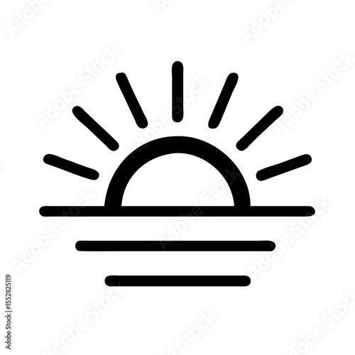 Simple line art of the sun rising or setting over water with sun rays in a minimalist style design