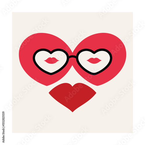 Romantic Glasses and Lips Illustration with Heart Shape
