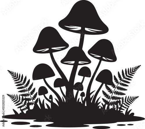 Monochrome Mushroom and Fern Silhouettes