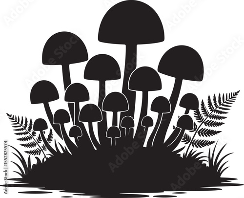 Monochrome Mushroom and Fern Silhouettes