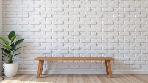 Minimalist interior with white brick wall and wooden bench