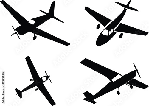 Airplane Silhouette Set. Top View Vector Illustrations of 4 Unique Aircraft Designs.