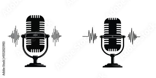 Black Retro Vintage Microphone Logo – Flat Style Silhouette for Music, Podcast, Recording Studio

