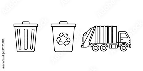 trash can, recycle bin and garbage truck vector icon set. garbage removal icons with recycle signs isolated on white background	