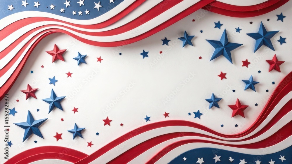 Obraz premium Patriotic paper stars and waves isolated on white background
