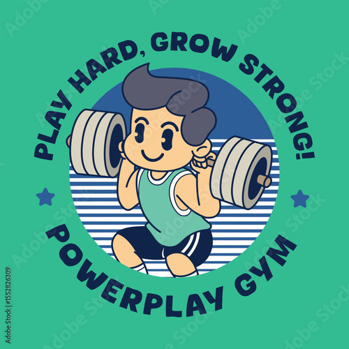 A Funny Boy athlete squat lifts the barbell for fitness and muscle building in a retro cartoon character mascot illustration