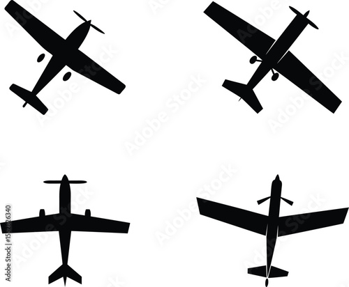 Airplane Silhouette Set. Top View Vector Illustrations of 4 Unique Aircraft Designs.