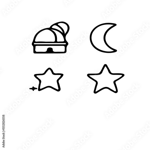 Simple line drawing of observatory, moon, and stars on a white background