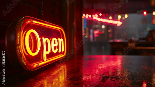 Neon 'Open' sign glowing in a dimly lit bar setting.