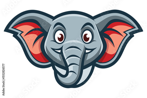 Cartoon elephant mascot with wide ears and a short trunk smiles cheerfully ahead