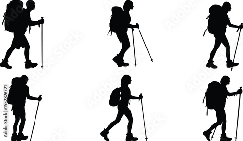 Silhouette of a hiker with a backpack and trekking poles walking against a white background