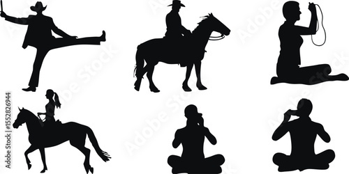 Collection of diverse black silhouettes featuring cowboys horseback riders and people meditating