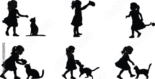Collection of silhouettes of a young girl playing with cats in various poses