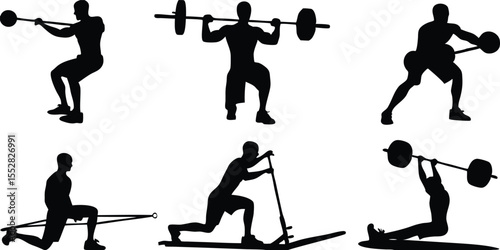 Silhouettes of people performing various weightlifting and resistance band exercises
