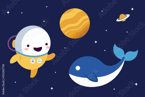 Adorable Astronaut and Whale in Space A Cosmic Adventure Illustration