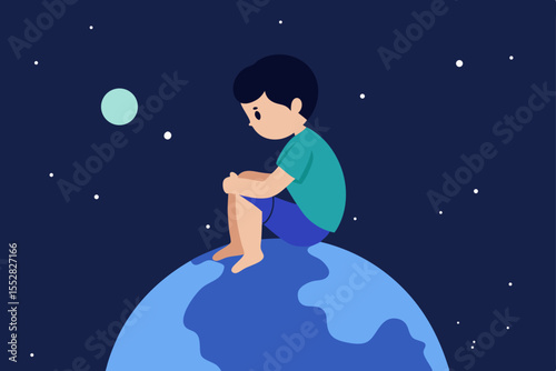Little Boy Sitting on Earth, Feeling Lonely and Small in the Vast Universe