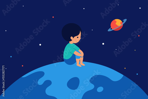 Little Boy Contemplating the Cosmos A Child's Journey into Space and Wonder