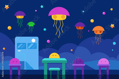Nighttime Jellyfish Galaxy A whimsical underwater scene with glowing jellyfish and a cozy table