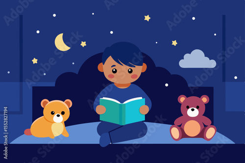 Bedtime Story Boy Reading with Teddy Bears under the Night Sky