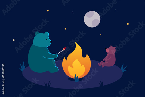 Nighttime Campfire Two Bears Roasting Marshmallows Under the Moon