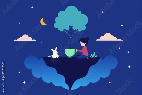 Nighttime Planting A Girl Tending a Sapling Under the Moon's Glow