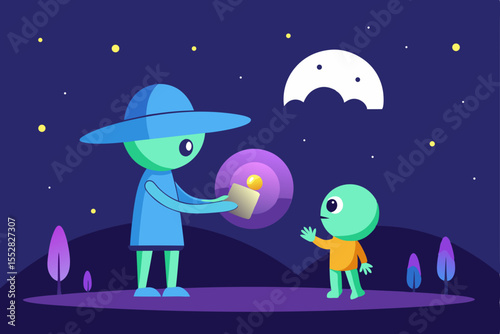 Nighttime Gift Exchange Alien Encounter Illustration