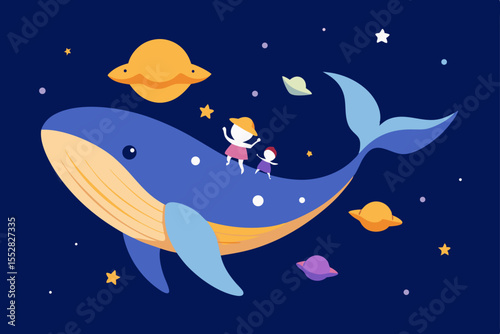 Cosmic Whale Adventure Children Riding a Whale Through Space