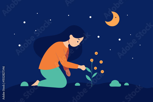 Nighttime Gardening A Girl Tending to Her Blooming Flowers Under the Moonlight