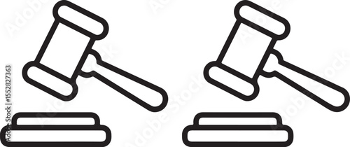 Two black line art icons of a gavel and sounding block on a white background