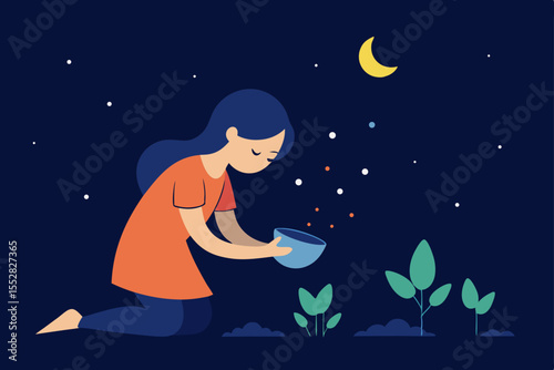 Nighttime Ritual A Girl's Gentle Care for Growing Plants Under the Moonlit Sky