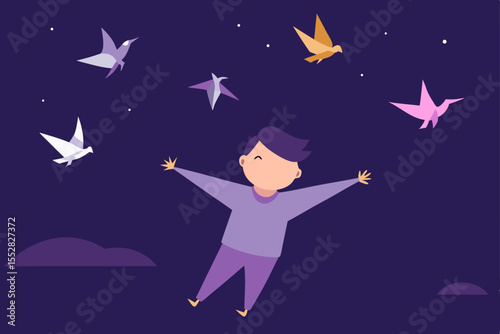 Night Dreams A Boy's Flight with Paper Birds and Stars
