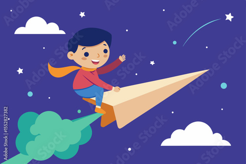 Boy Soaring on Paper Airplane Dreams of Flight and Adventure
