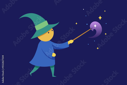 Cartoon witch flying her broom past the moon and stars on Halloween night