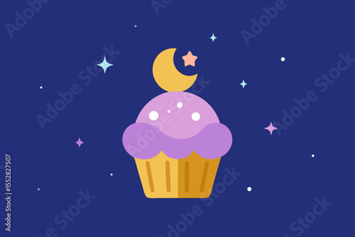 Happy birthday celebration card with a cute pink cupcake and cherry icing, a delicious sweet dessert illustration
