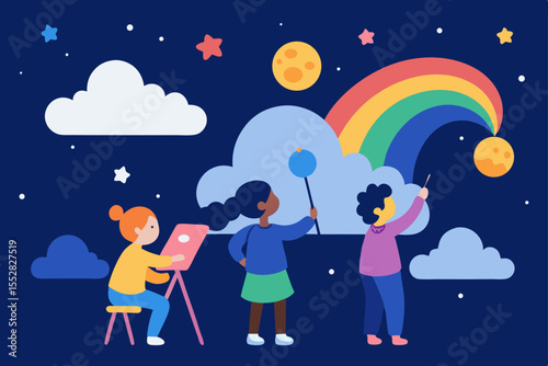 Cartoon vector illustration of boy and girl children on the moon under a star-filled night sky, celebrating the joy of love and family with a rainbow