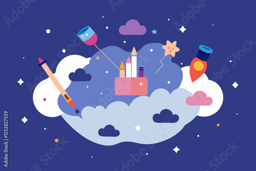 Cartoon vector illustration of an astronaut with a rocket in the night sky, celebrating Christmas among stars, moon, and snow