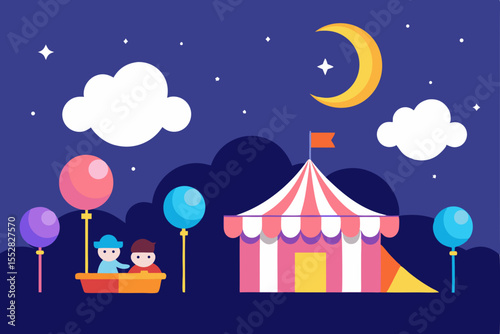 Winter holiday circus tent at night with a clown and gift, an illustration of a festive town scene with snow-covered houses and a Christmas tree