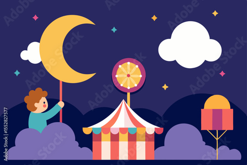 Santa Claus and his sleigh soar through the night sky above a snowy Christmas town, past houses and over the moon, a festive winter illustration