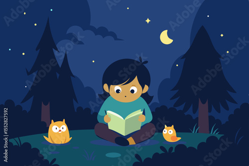 Cartoon vector illustration of a baby bear on a swing under the winter night sky with stars, snow, and a Christmas tree
