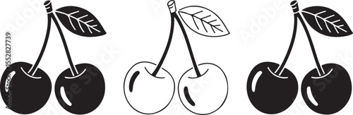 Three stylized cherry icons in black and white with leaves and stems
