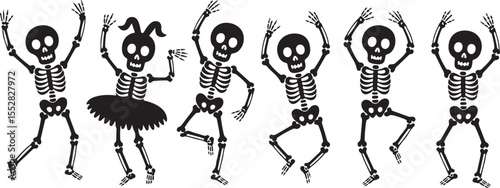 Group of dancing skeletons with one skeleton wearing a tutu and bunny ears
