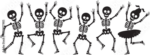Group of six dancing skeletons in black silhouette on a white background